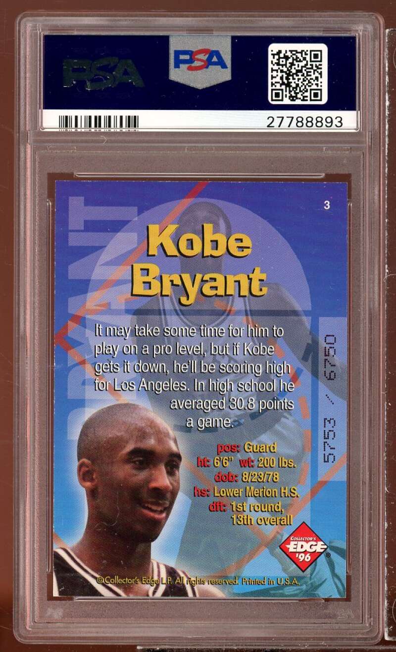 Kobe Bryant Rookie Card 1996 Collector's Edge Radical Recruits #3 PSA 9 Image 2