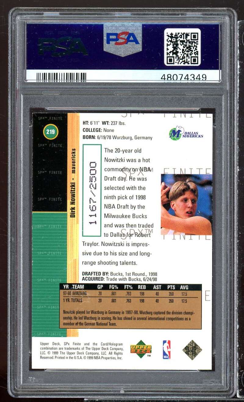 Dirk Nowitzki Rookie Card 1998-99 SPx Finite #219 PSA 8 Image 2