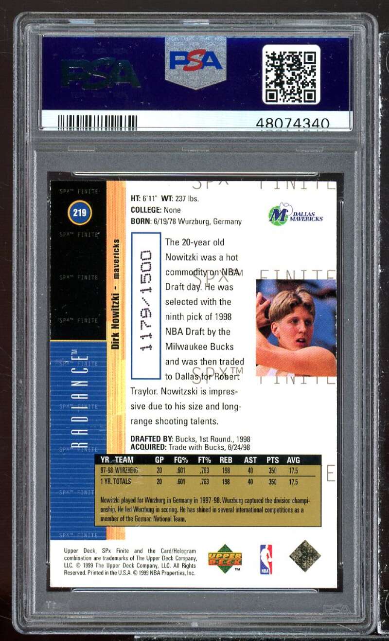 Dirk Nowitzki Rookie Card 1998-99 SPx Finite Radiance #219 PSA 8 Image 2