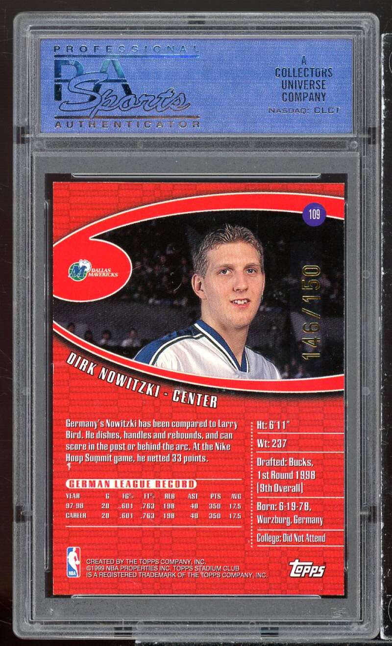 Dirk Nowitzki Rookie Card 1998-99 Stadium Club One Of A Kind #109 PSA 9 Image 2