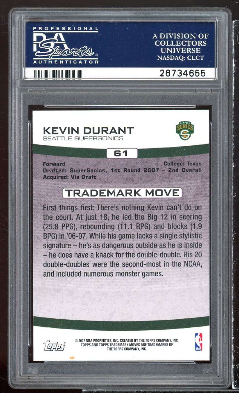 Kevin Durant Rookie Card 2007-08 Trademark Moves #61 PSA 9 Image 2