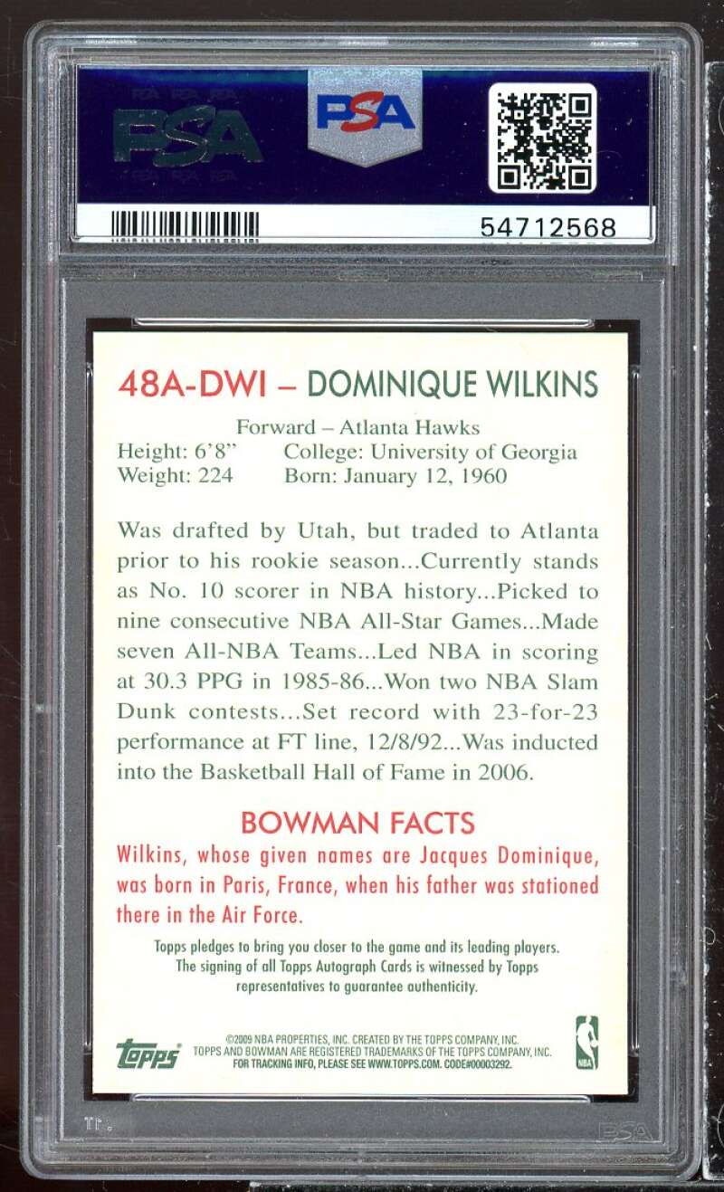 Dominique Wilkins Card 2009-10 Bowman '48 Autograph #DW1 PSA 9 Image 2