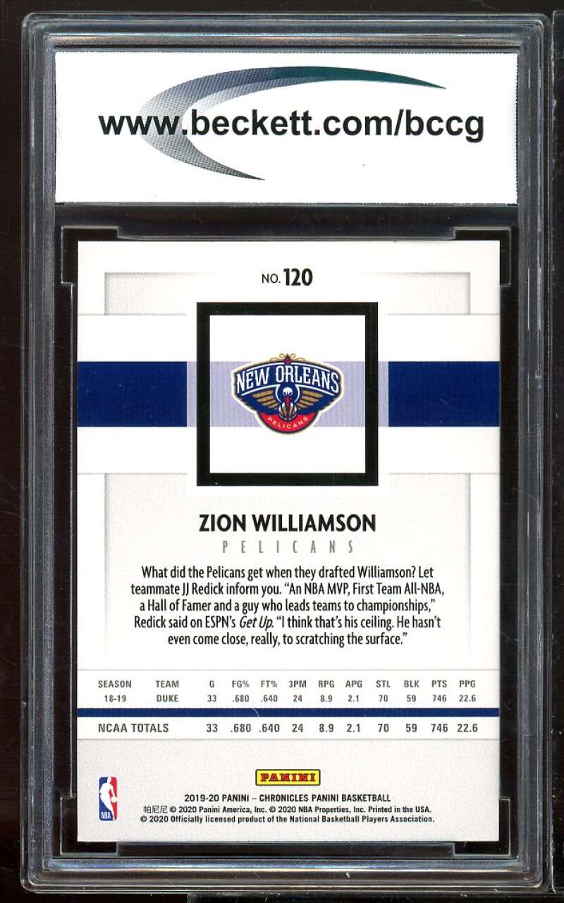 2019-20 Panini Chronicles Panini #120 Zion Williamson Rookie Card BCCG 10 Mint+ Image 2
