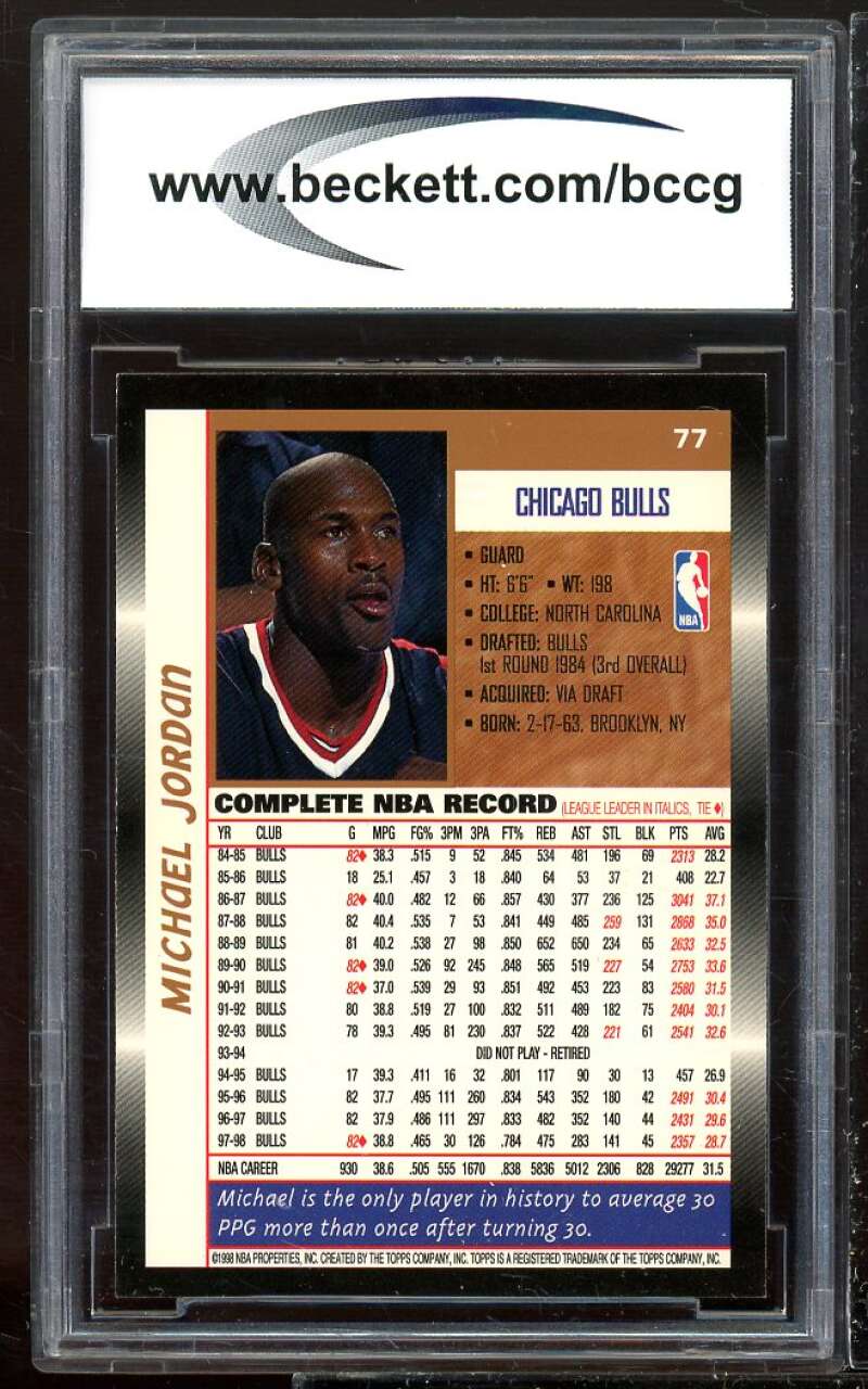 1998-99 Topps #77 Michael Jordan Card BCCG 9 Near Mint+ Image 2