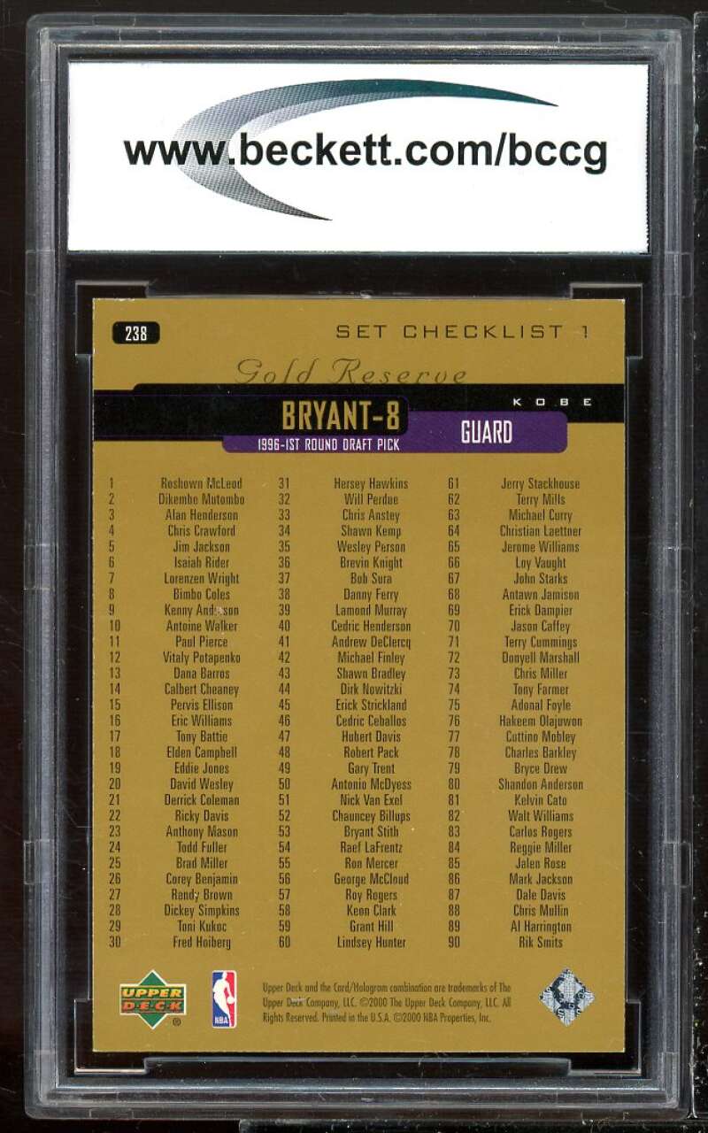 1999-00 Upper Deck Gold Reserve #238 Kobe Bryant Card BCCG 9 Near Mint+ Image 2