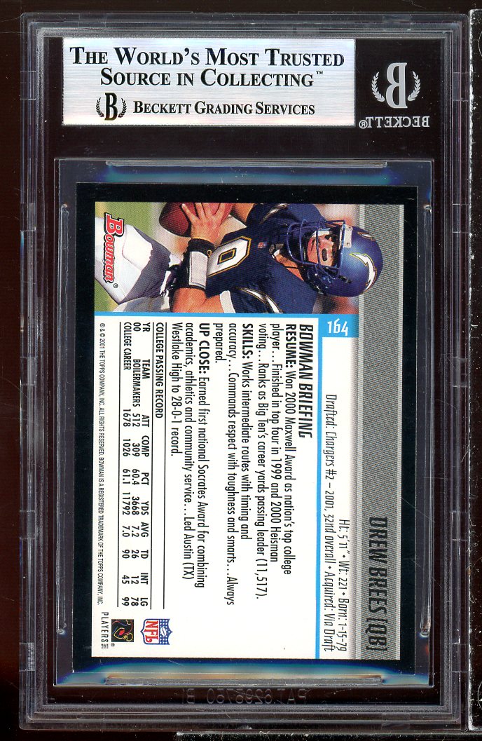 Drew Brees Rookie Card 2001 Bowman #164 BGS 9 (9 8.5 9 9) Image 2