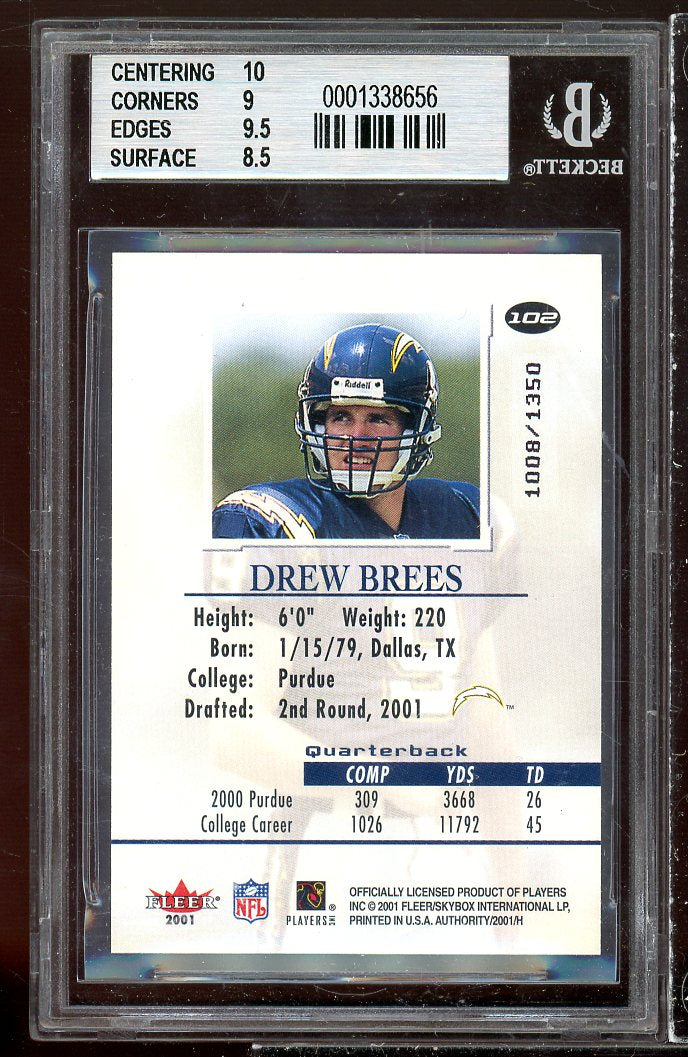 Drew Brees Rookie Card 2001 Fleer Authority #102 BGS 9 (10 9 9.5 8.5) Image 2