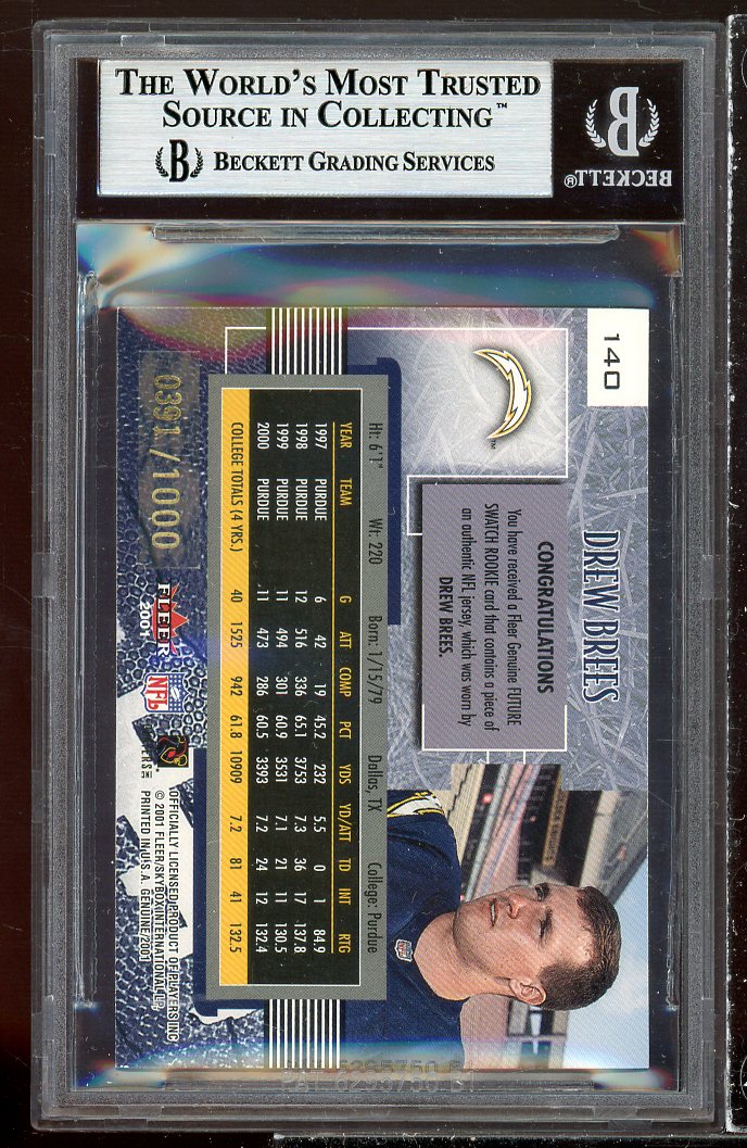 Drew Brees Rookie Card 2001 Fleer Genuine #140 BGS 9 (9.5 8.5 9 9.5) Image 2