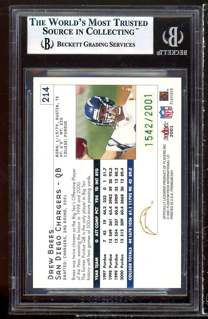 Drew Brees Rookie Card 2001 Fleer Premium #214 BGS 9 Image 2