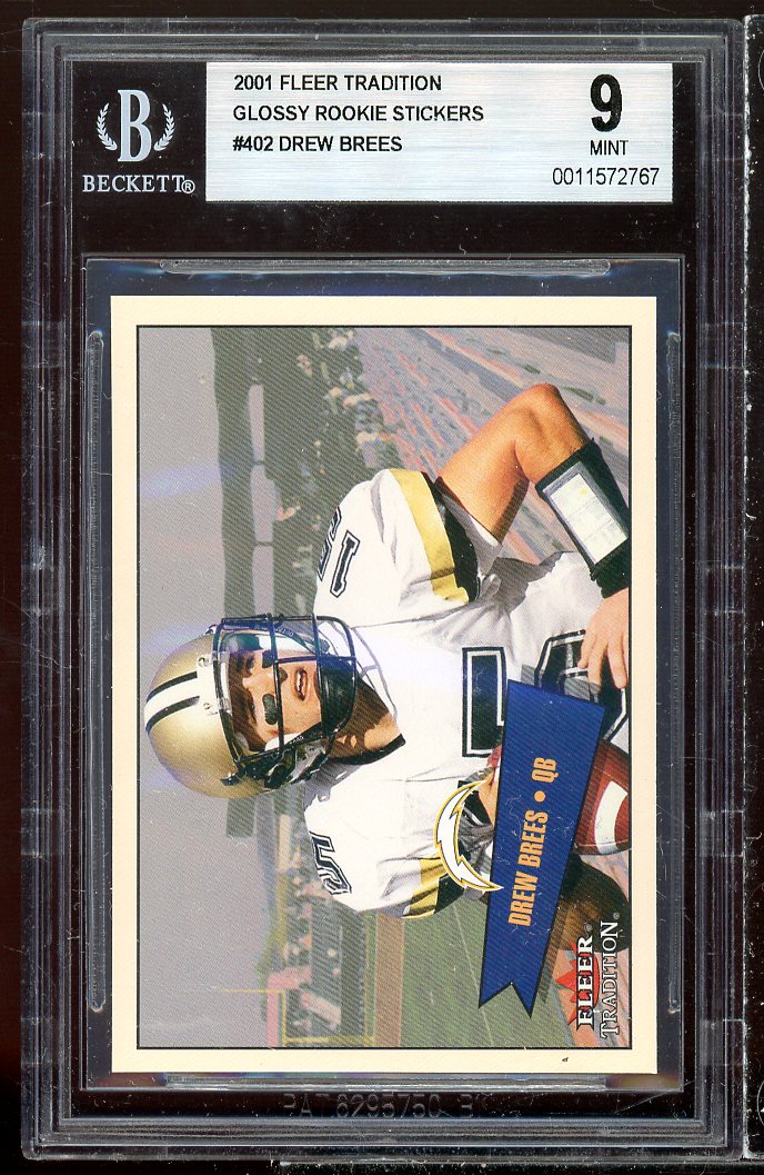 Drew Brees Rookie Card 2001 Fleer Tradition Glossy Rookie Stickers #402 BGS 9 Image 1