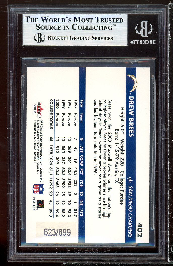 Drew Brees Rookie Card 2001 Fleer Tradition Glossy Rookie Stickers #402 BGS 9 Image 2