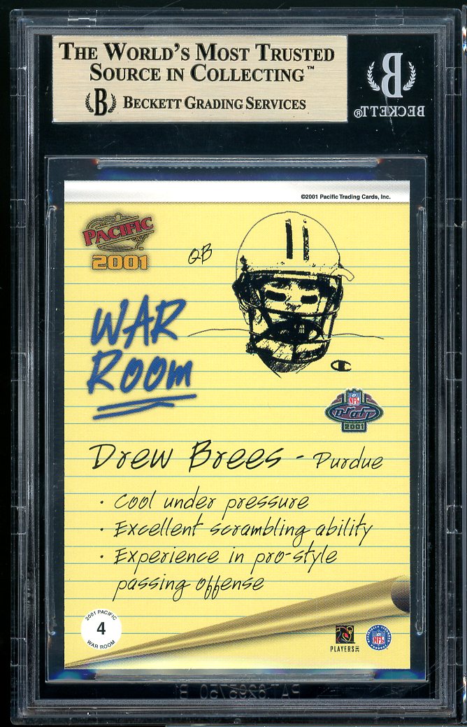 Drew Brees Rookie Card 2001 Pacific War Room #4 BGS 9.5 (9.5 9.5 9.5 10) Image 2