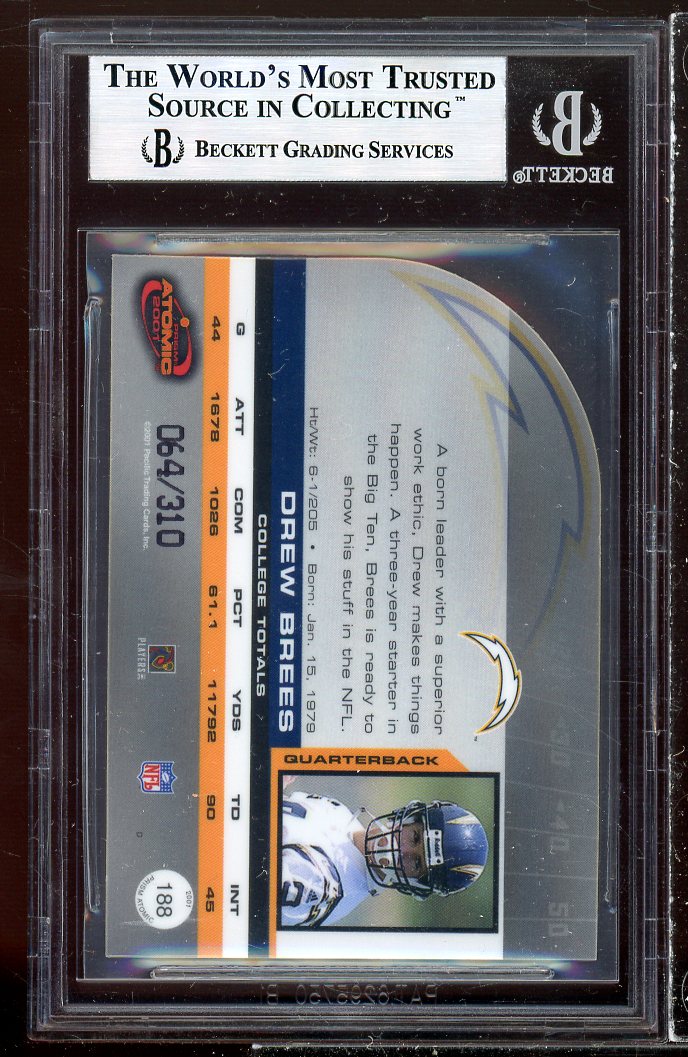 Drew Brees Rookie Card 2001 Pacific Prism Atomic Red #188 BGS 9 Image 2