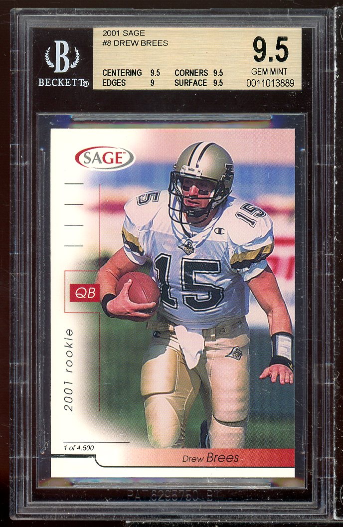 Drew Brees Rookie Card 2001 SAGE #8 (POP 4) BGS 9.5 (9.5 9.5 9 9.5) Image 1