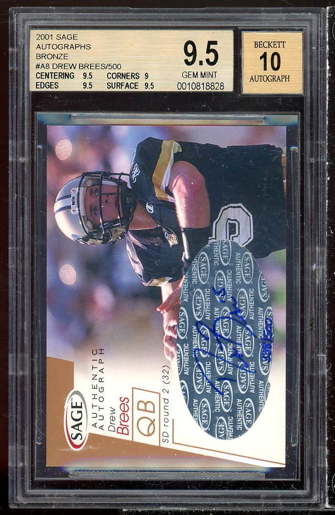 Drew Brees Rookie Card 2001 SAGE Autographs Bronze #A8 BGS 9.5 (9.5 9 9.5 9.5) Image 1