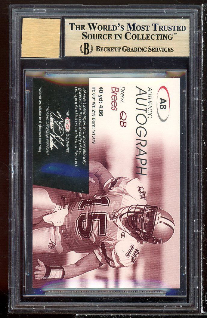 Drew Brees Rookie Card 2001 SAGE Autographs Bronze #A8 BGS 9.5 (9.5 9 9.5 9.5) Image 2