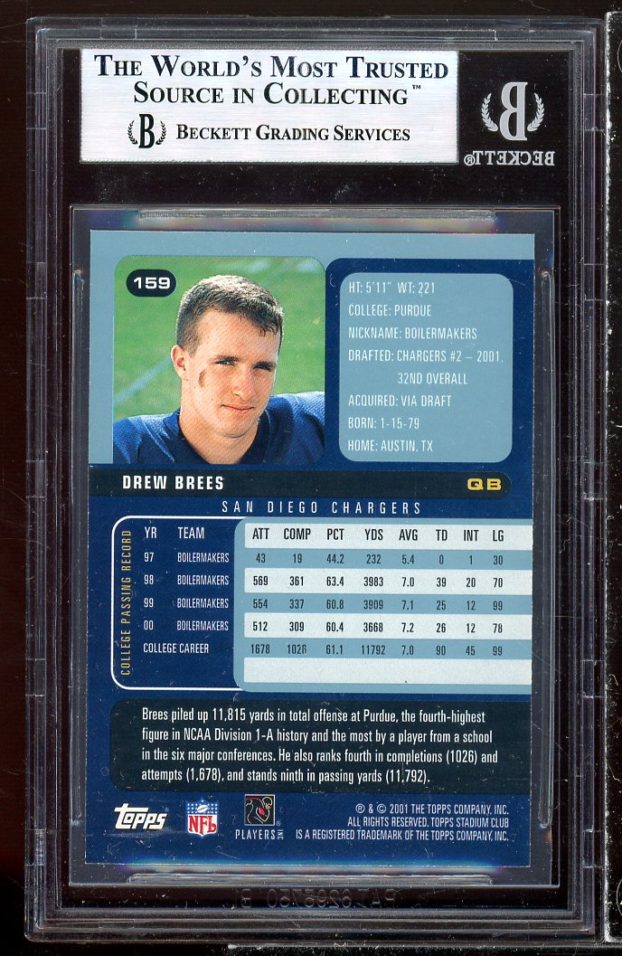 Drew Brees Rookie Card 2001 Stadium Club #159 BGS 8.5 Image 2