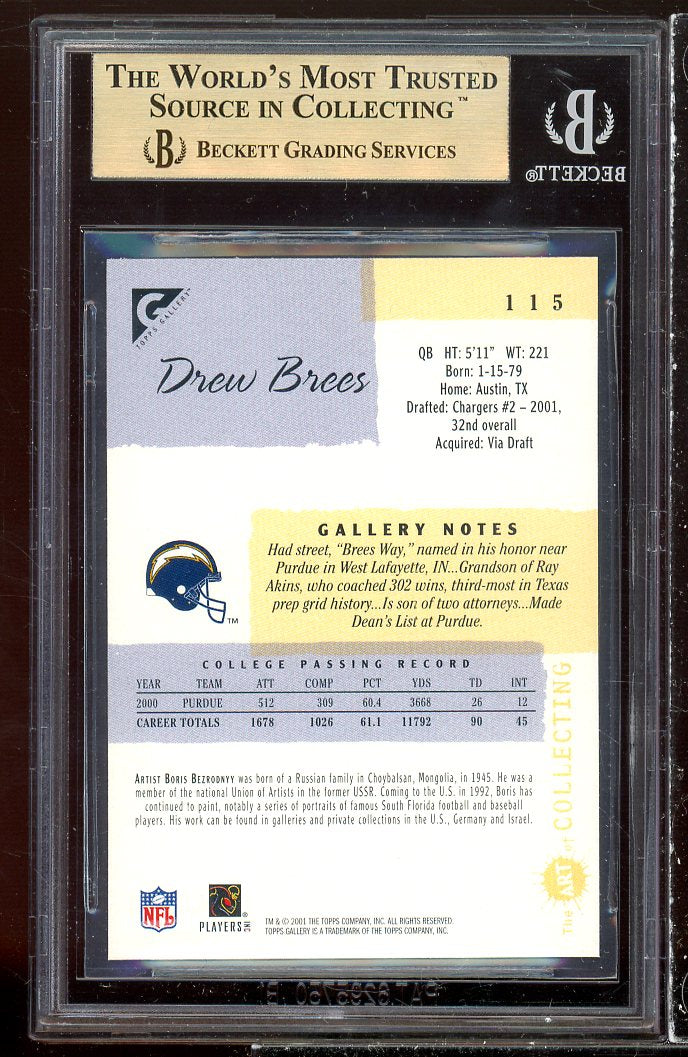 Drew Brees Rookie Card 2001 Topps Gallery #115 BGS 9.5 (9 9.5 9.5 9.5) Image 2