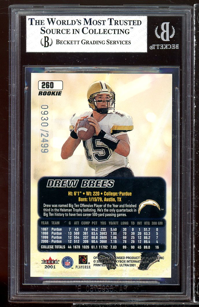 Drew Brees Rookie Card 2001 Ultra #260 BGS 8 (9.5 8.5 7 8) Image 2