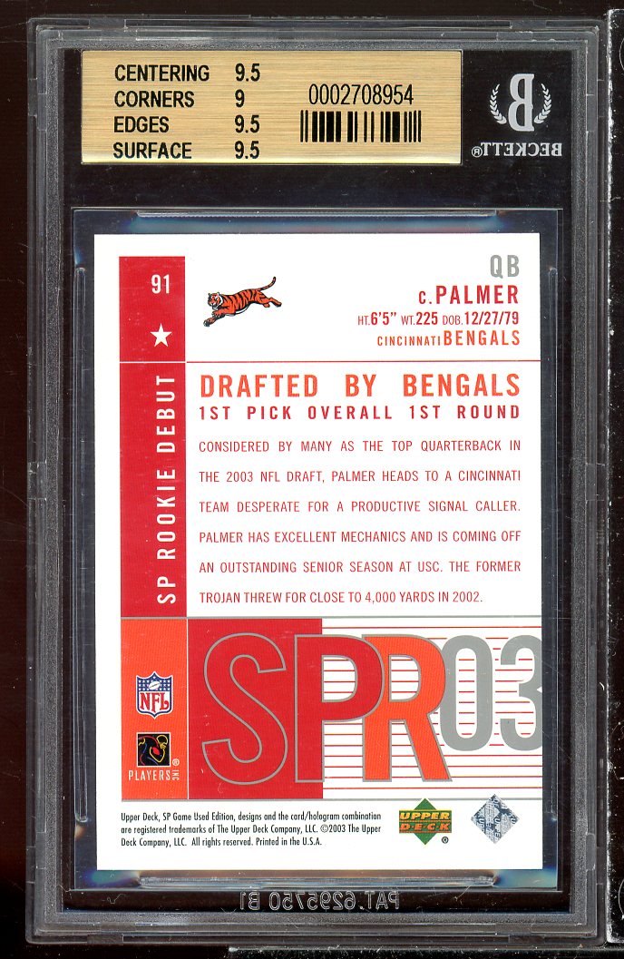 Carson Palmer Rookie Card 2003 SP Game Used Edition #91 BGS 9.5 (9.5 9 9.5 9.5) Image 2