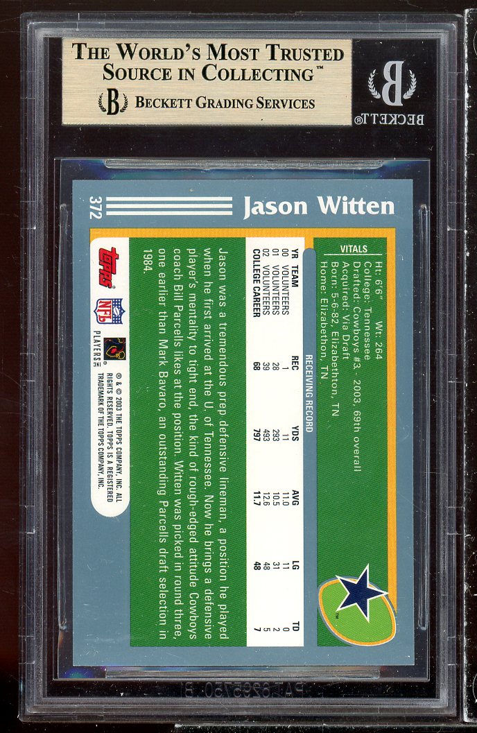 Jason Witten Rookie Card 2003 Topps #372 BGS 9.5 Image 2