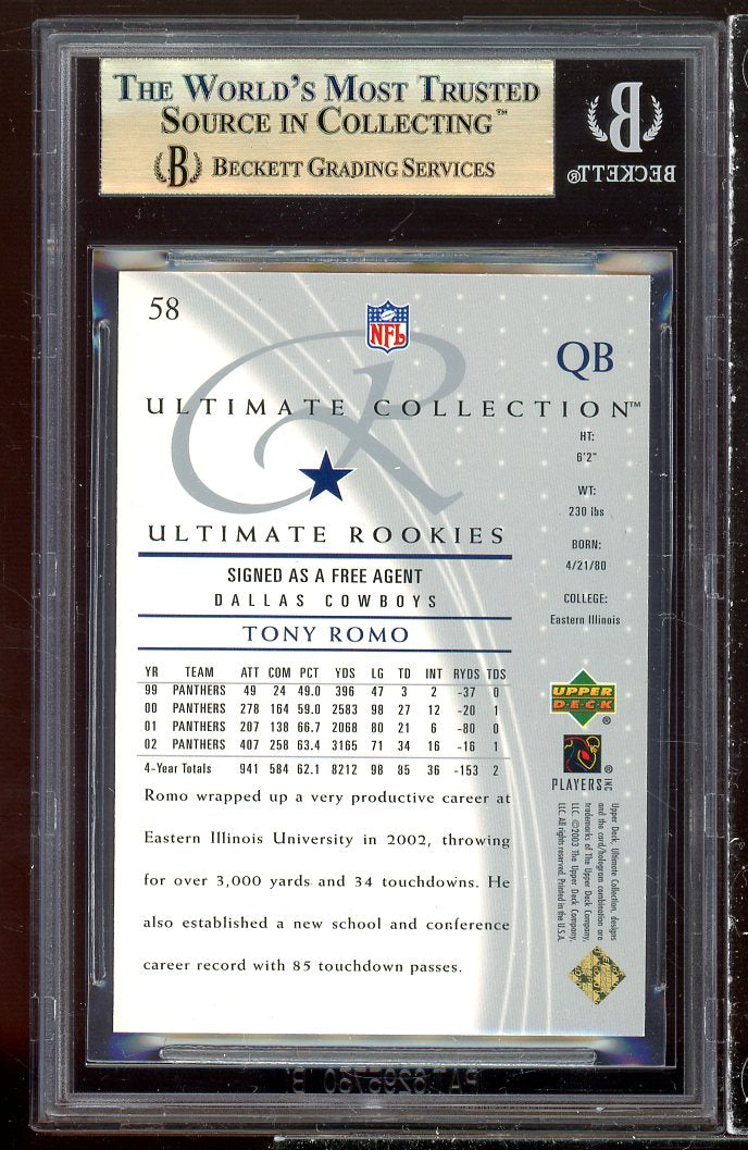 Tony Romo Rookie Card 2003 Ultimate Collection #58 BGS 9.5 (9.5 9.5 9.5 9.5) Image 2