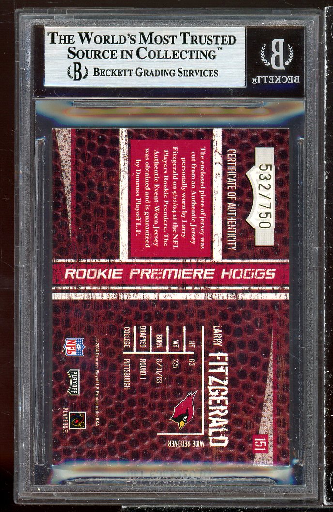 Larry Fitzgerald Rookie Card 2004 Playoff Hogg Heaven #151 (POP 5) BGS 9 Image 2