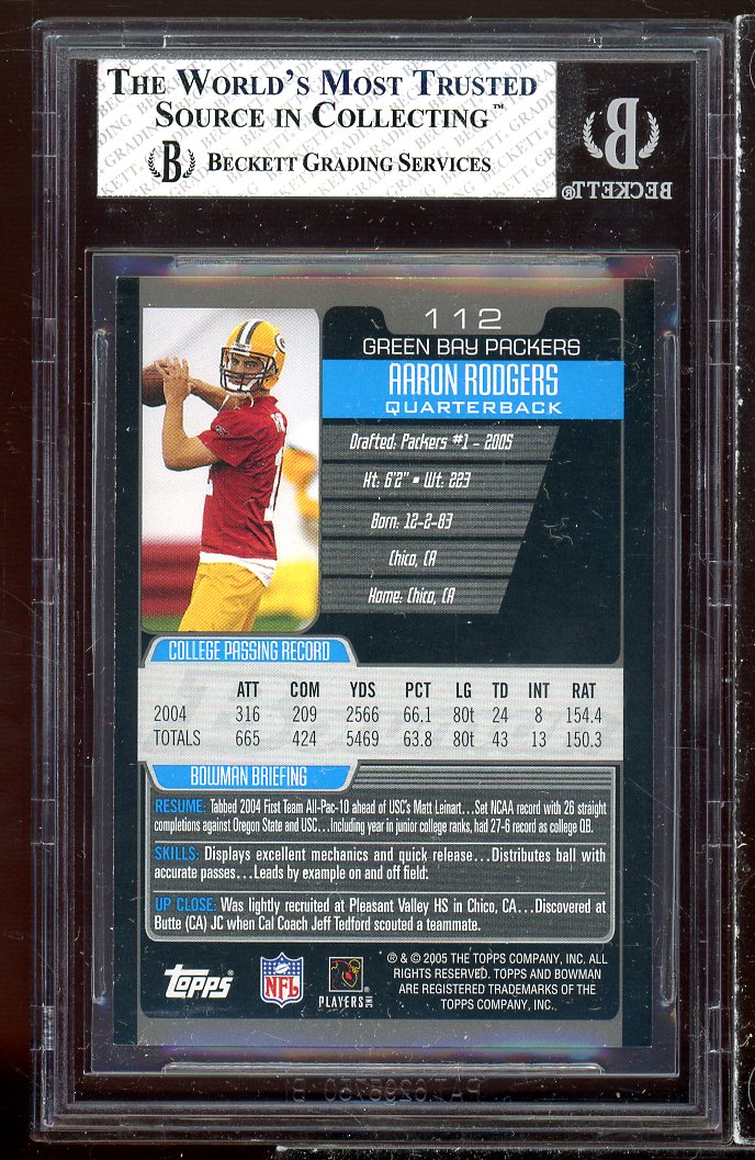 Aaron Rodgers Rookie Card 2005 Bowman #112 BGS 8 Image 2