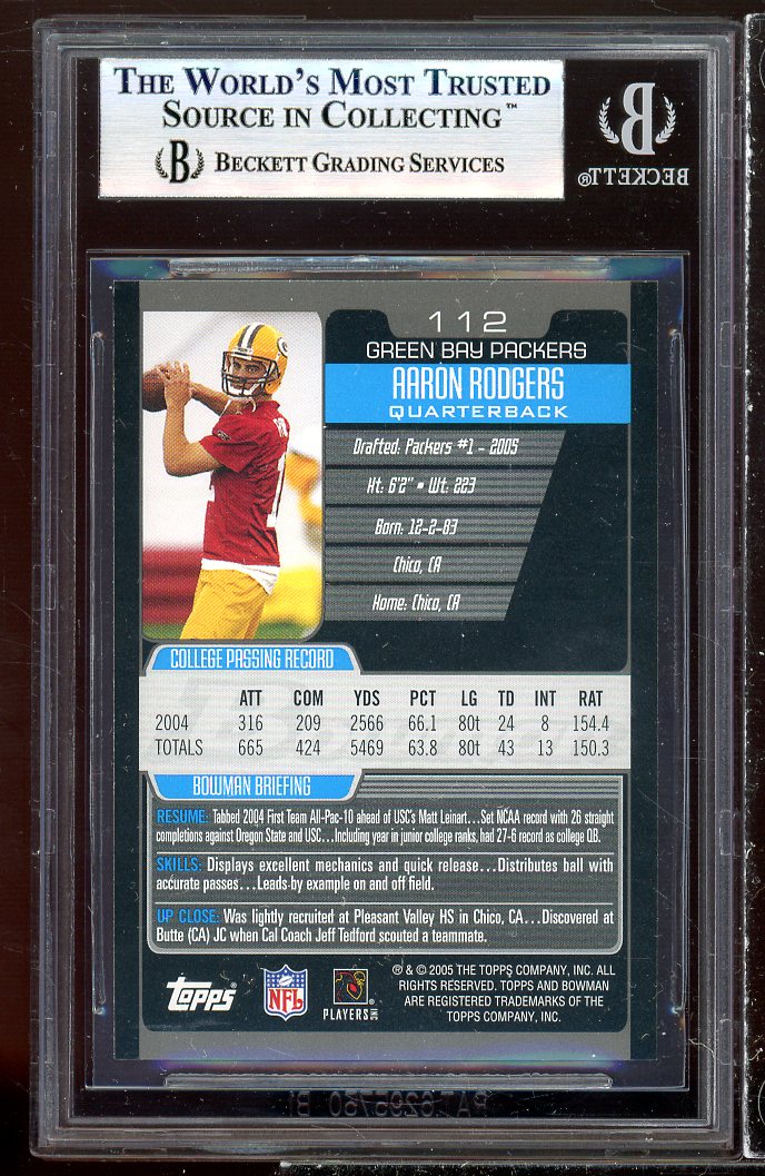 Aaron Rodgers Rookie Card 2005 Bowman #112 BGS 9 (9 9 8.5 9.5) Image 2