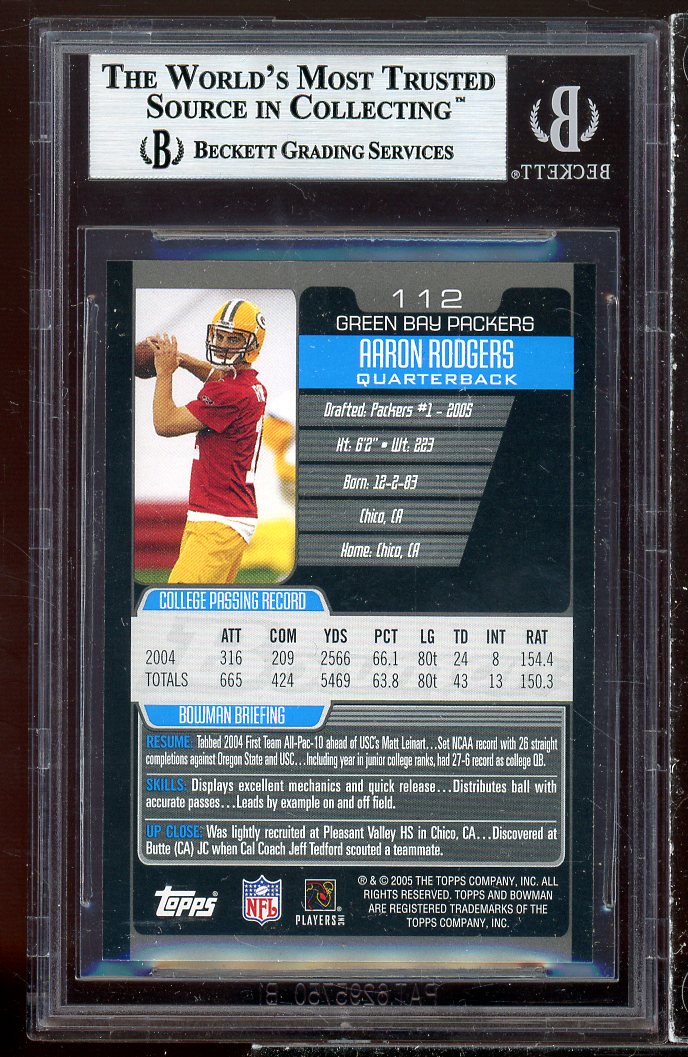 Aaron Rodgers Rookie Card 2005 Bowman #112 BGS 9 (9 9 9 9.5) Image 2