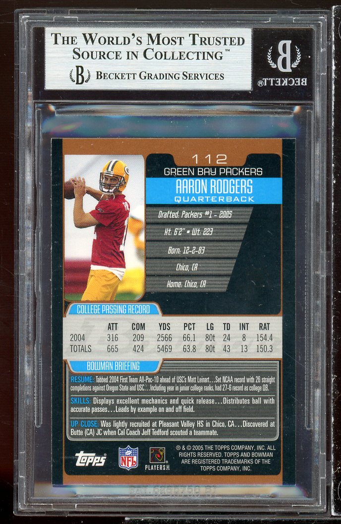 Aaron Rodgers Rookie Card 2005 Bowman Bronze #112 BGS 9 (9 9 8.5 9.5) Image 2