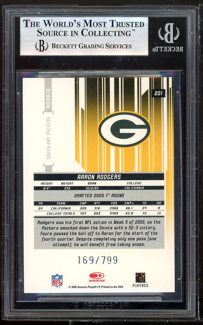 Aaron Rodgers Rookie Card 2005 Leaf Rookies n Stars #201 BGS 9 (9 9.5 9 9) Image 2