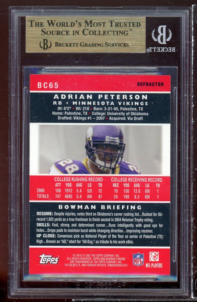 Adrian Peterson Rookie Card 2007 Bowman Chrome Refractors #BC65 BGS 9.5 Image 2