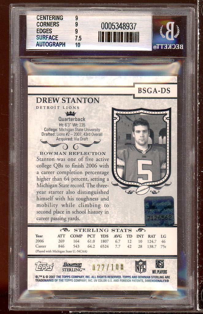 Drew Stanton Rookie Card 2007 Bowman Sterling Rookie Gold Autograph #ds BGS 8.5 Image 2