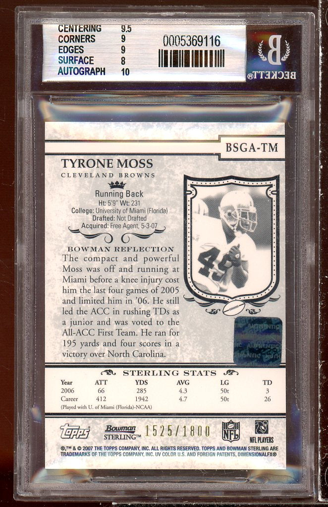 Tyrone Moss Rookie 2007 Bowman Sterling Gold Rookie Autographs #TM BGS 8.5 Image 2