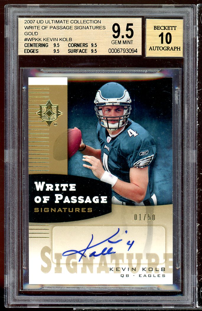 Kevin Kolb Rookie Card 2007 UD Ultimate Collection Signatures Gold #wpkk BGS 9.5 Image 1