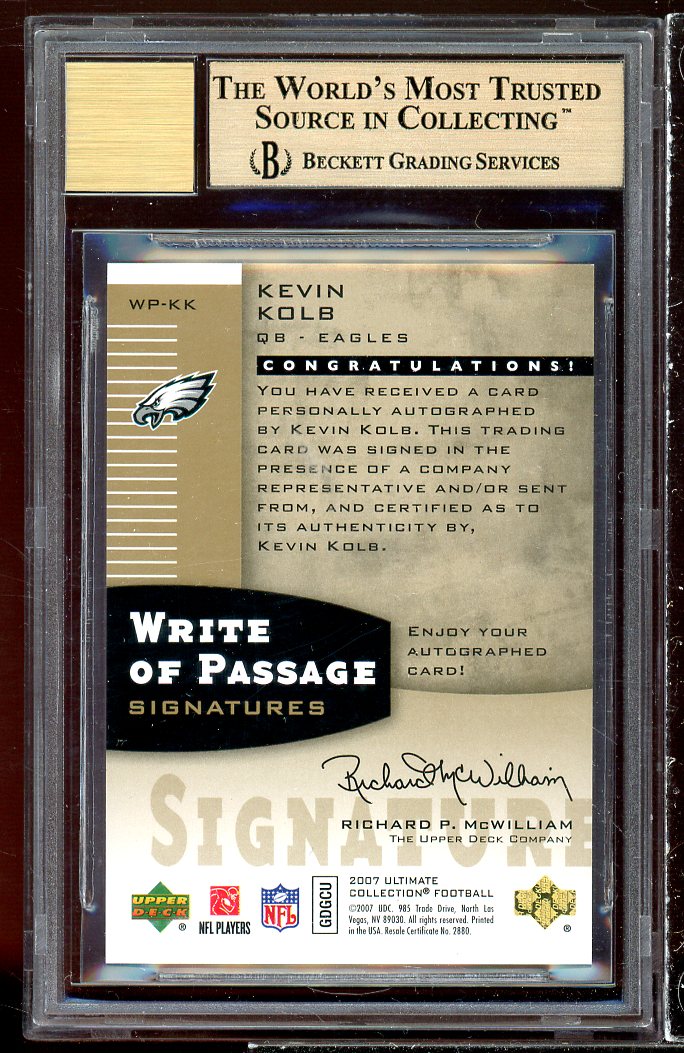 Kevin Kolb Rookie Card 2007 UD Ultimate Collection Signatures Gold #wpkk BGS 9.5 Image 2