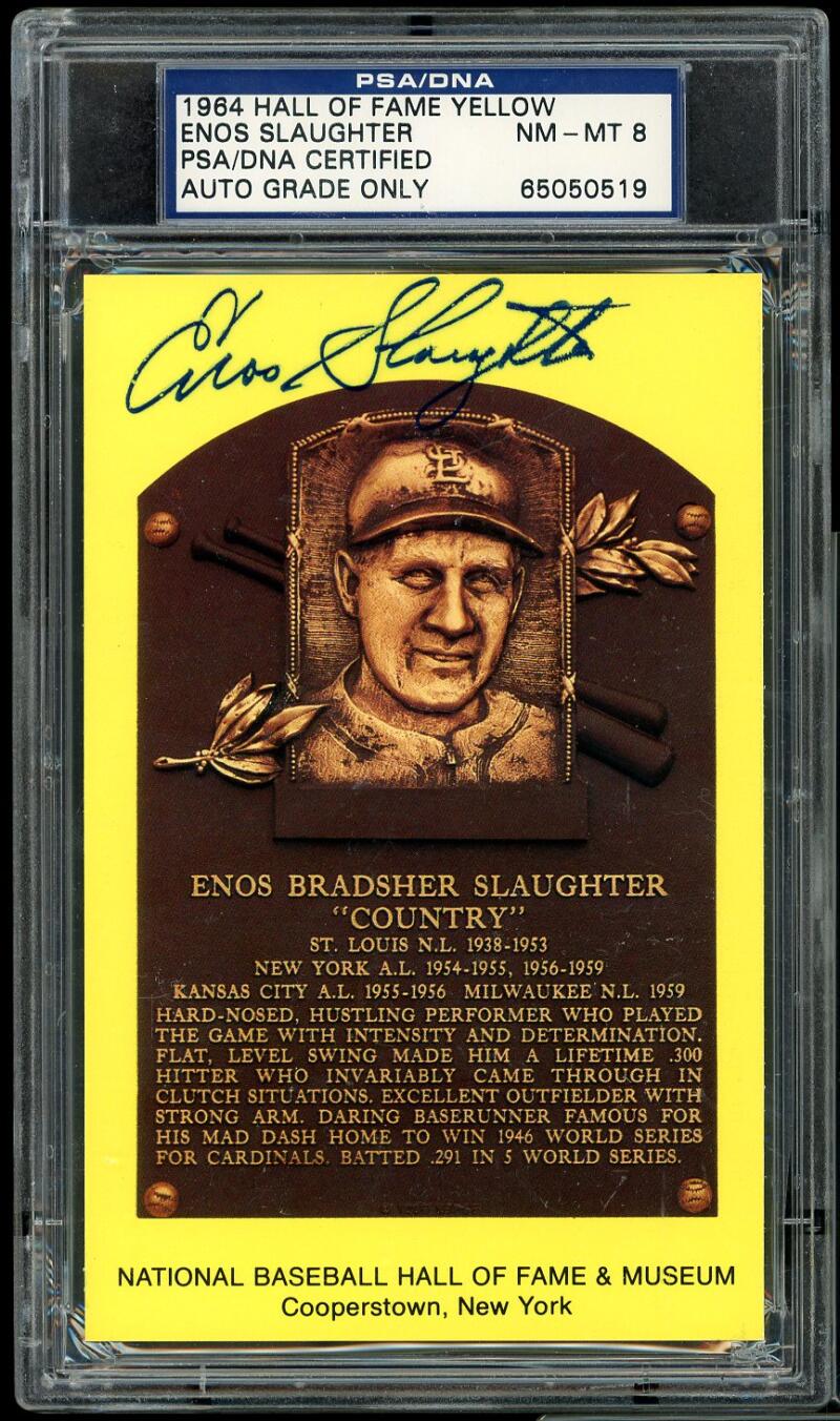 1964 Hall Of Fame Yellow Postcard Auto Enos Slaughter PSA/DNA  8 Certified Image 1