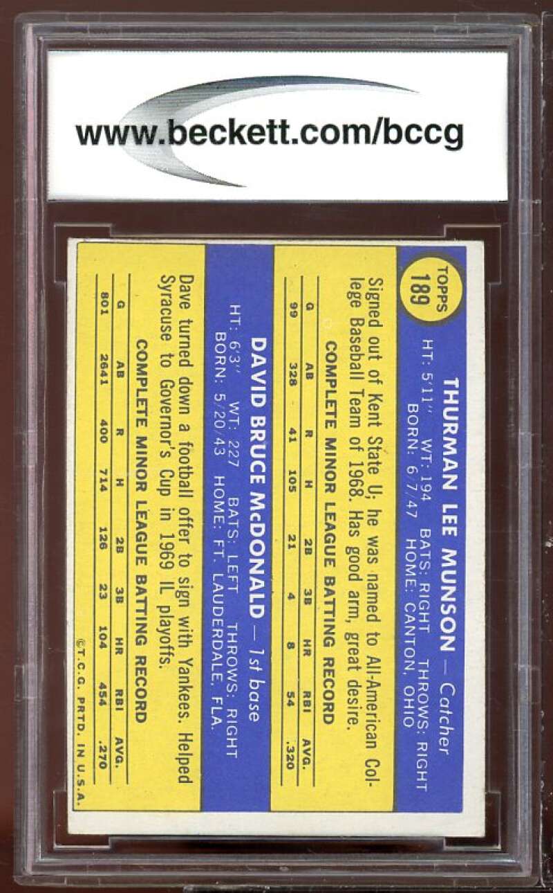 1970 Topps #189 Thurman Munson Rookie Card BGS BCCG 9 Near Mint+ Image 2