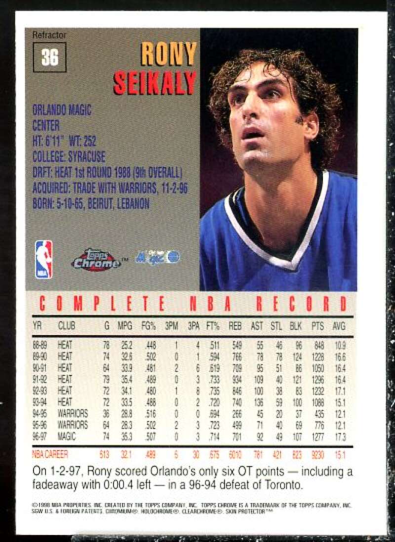 Rony Seikaly Card 1997-98 Topps Chrome Refractors #36  Image 2