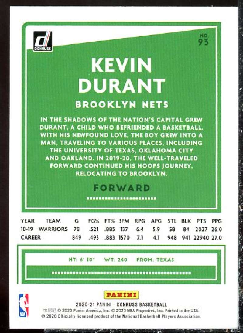 Kevin Durant Card 2020-21 Donruss Yellow Flood #93  Image 2