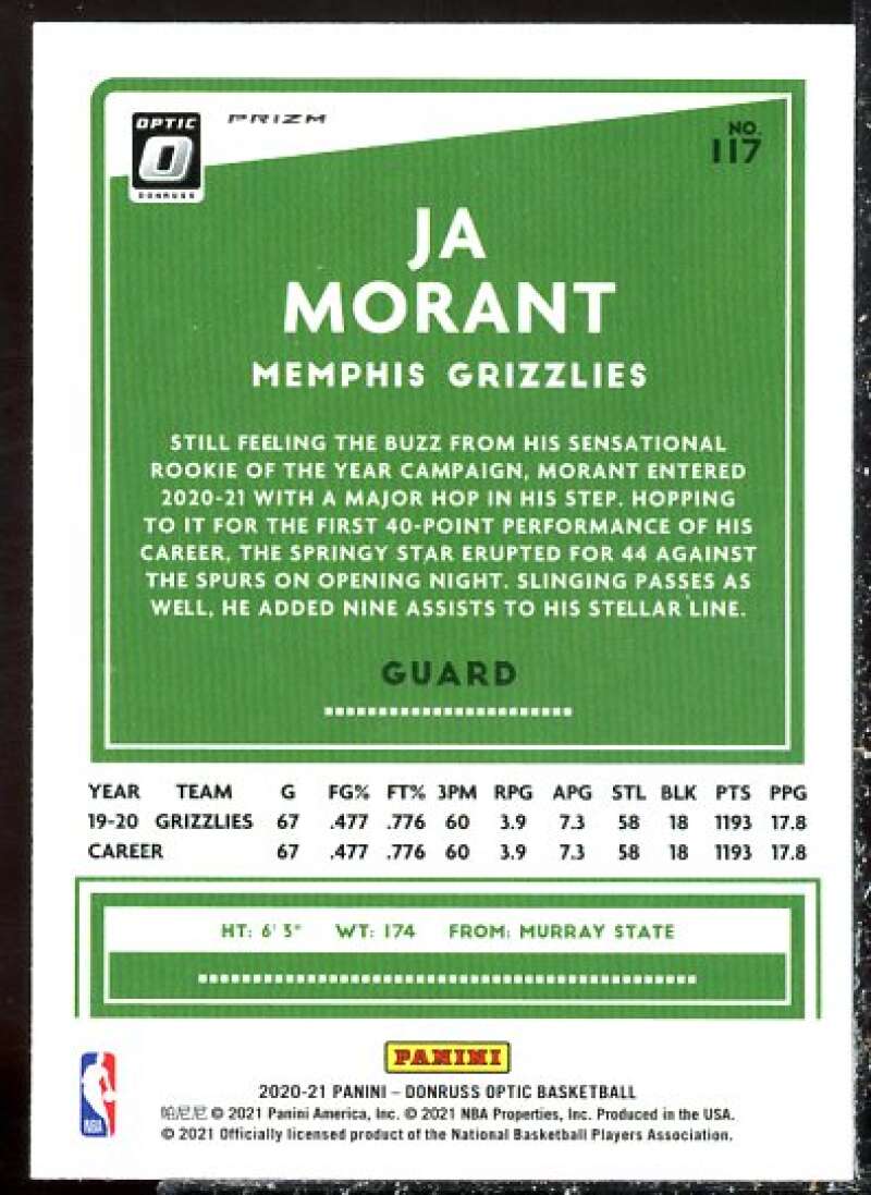 Ja Morant Card 2020-21 Donruss Optic Purple #117  Image 2