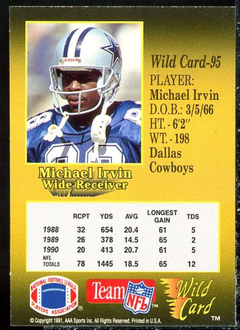 Michael Irvin Card 1991 Wild Card 100 Stripe #95  Image 2