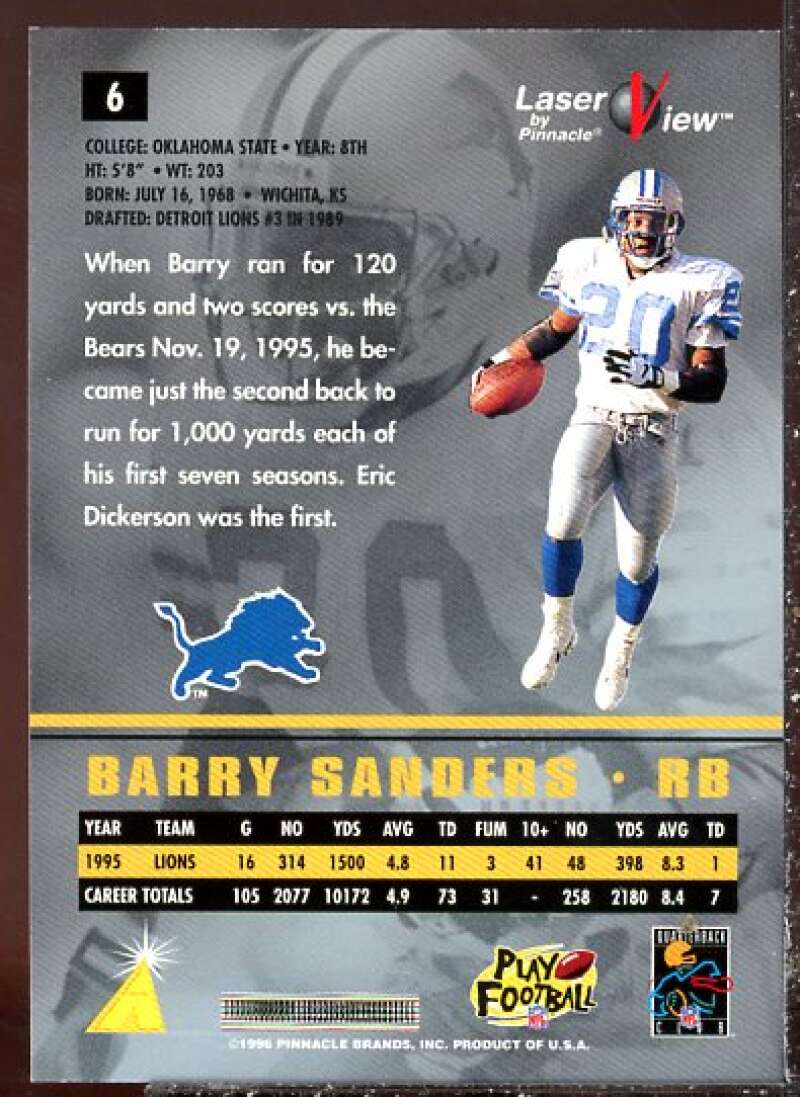 Barry Sanders Card 1996 Laser View #6  Image 2