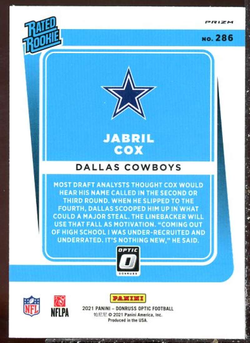 Jabril Cox RR Rookie Card Card 2021 Donruss Optic Blue Hyper #286  Image 2