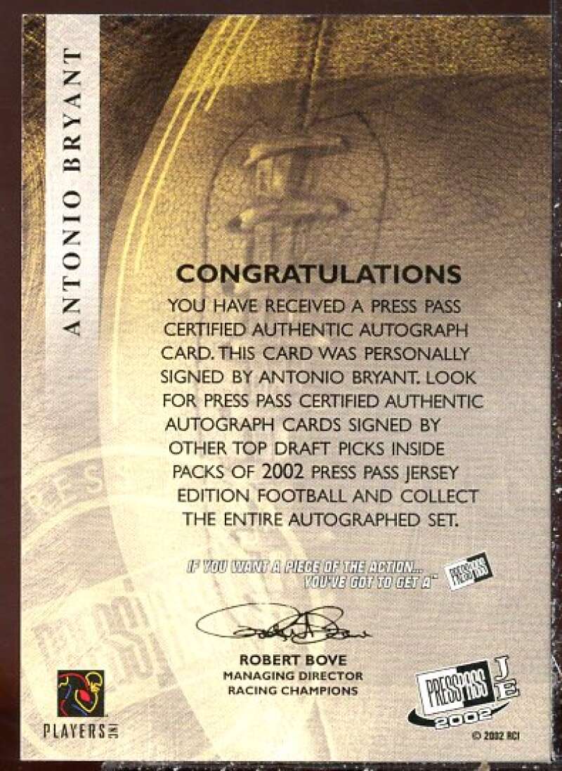 Antonio Bryant Card 2002 Press Pass JE Autographs #2 –
