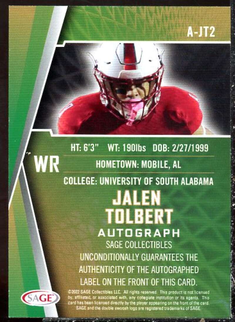 Jalen Tolbert Card 2022 SAGE HIT Autographs Gold #AJT2  Image 2