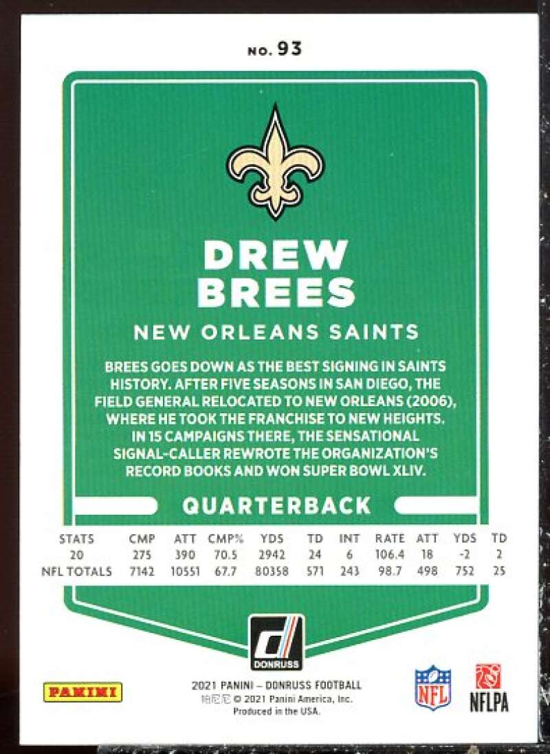 Drew Brees Card 2021 Donruss Press Proof Green #93A  Image 2