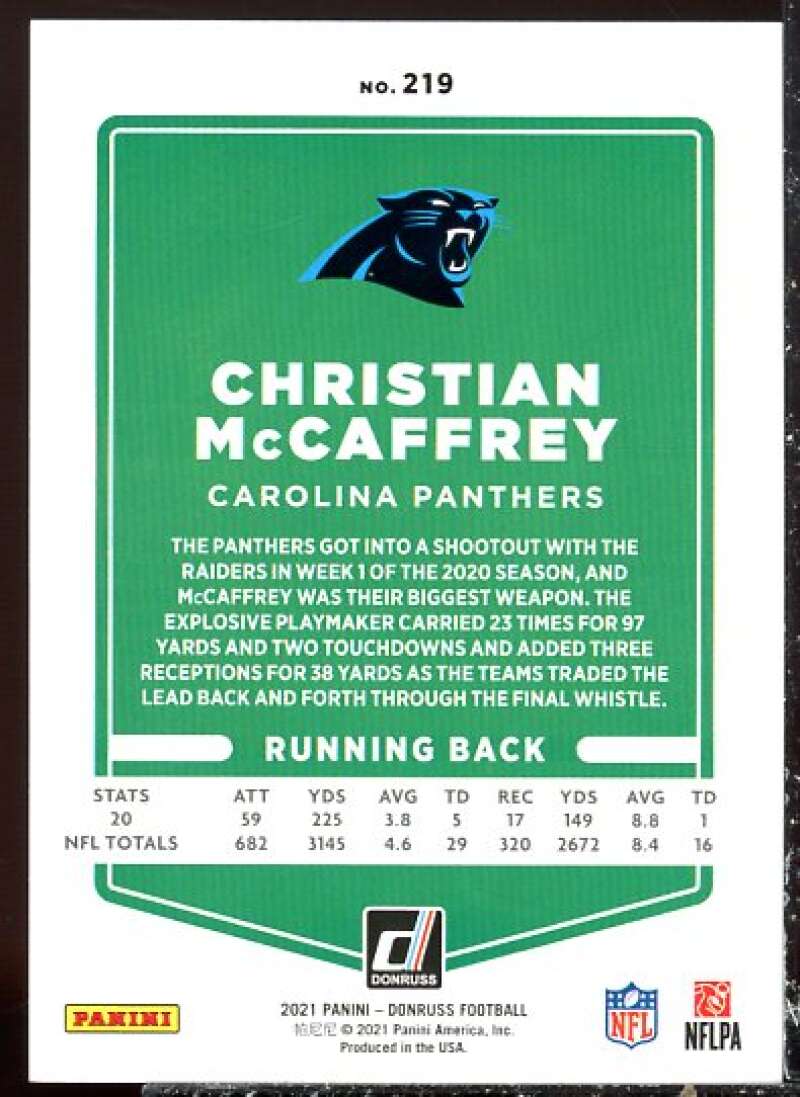 Christian McCaffrey VAR Card 2021 Donruss Press Proof Red #219B  Image 2