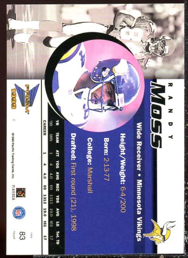 Randy Moss Card 1999 Pacific Prisms Holographic Mirror #83  Image 2